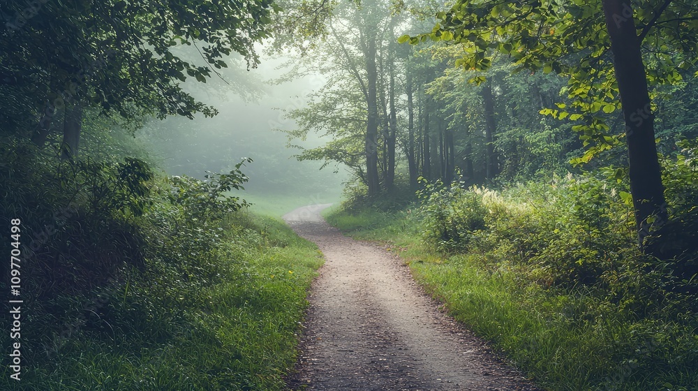 Serene Forest Pathway Surrounded by Lush Greenery and Misty Atmosphere in a Tranquil Nature Setting Inviting Reflection and Exploration Serene Forest Pathway Surrounded by Lush Greenery and Misty Atmosphere in a Tranquil Nature Setting Inviting Reflection and Exploration