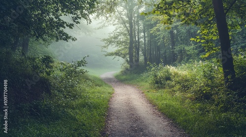 Serene Forest Pathway Surrounded by Lush Greenery and Misty Atmosphere in a Tranquil Nature Setting Inviting Reflection and Exploration