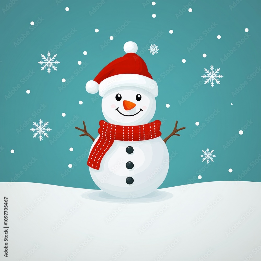 Cheerful snowman in red hat and scarf, snow falling. Cheerful snowman in red hat and scarf, snow falling.