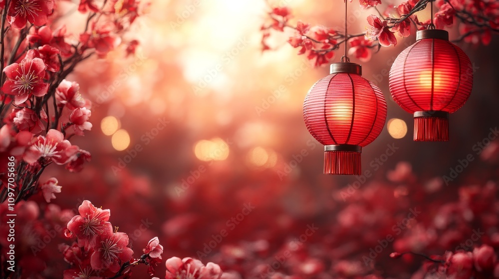 Fototapeta premium Red lanterns, orange and red flowers create a vibrant scene, ideal for Chinese New Year, festive events, or cultural themed designs.