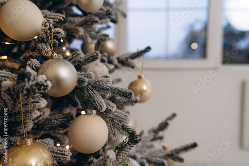 Close-Up of Golden and White Ornaments on a Snowy Christmas Tree