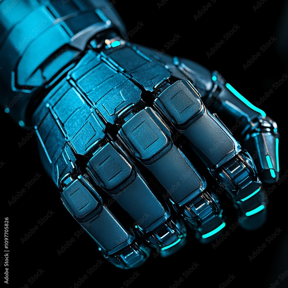 Naklejka premium Close-up of a futuristic robotic hand, metallic blue with glowing cyan accents, clenched fist.