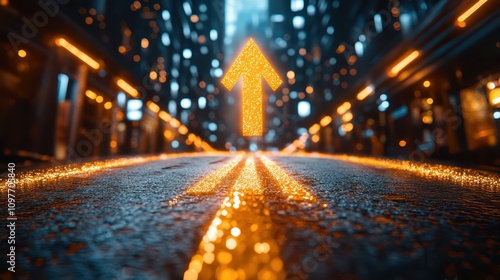 Bright yellow arrow on asphalt street, guiding traffic flow and navigation photo