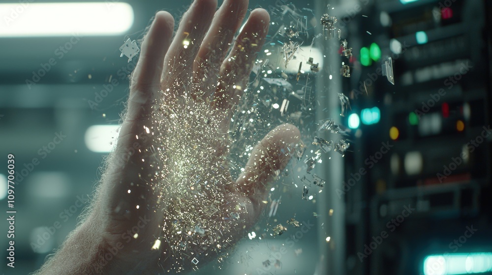 Fototapeta premium Data Disintegration Abstract Hand Glittering Tech Particles