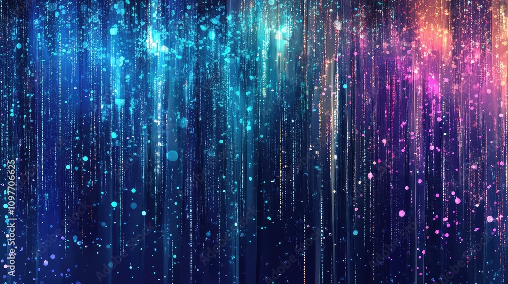 Obraz premium Pixels and data characters forming a rain effect, blending colors like electric blues and neon purples