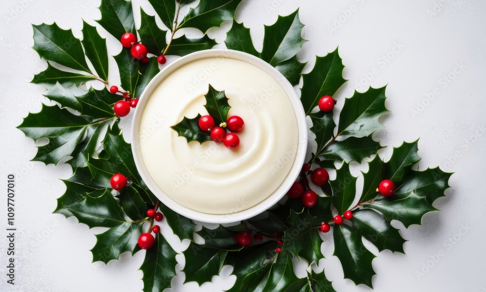 Christmas pudding with a festive spirit, elegantly presented on a bed of holly and berries, against a light background. Christmas pudding with a festive spirit, elegantly presented on a bed of holly and berries, against a light background.