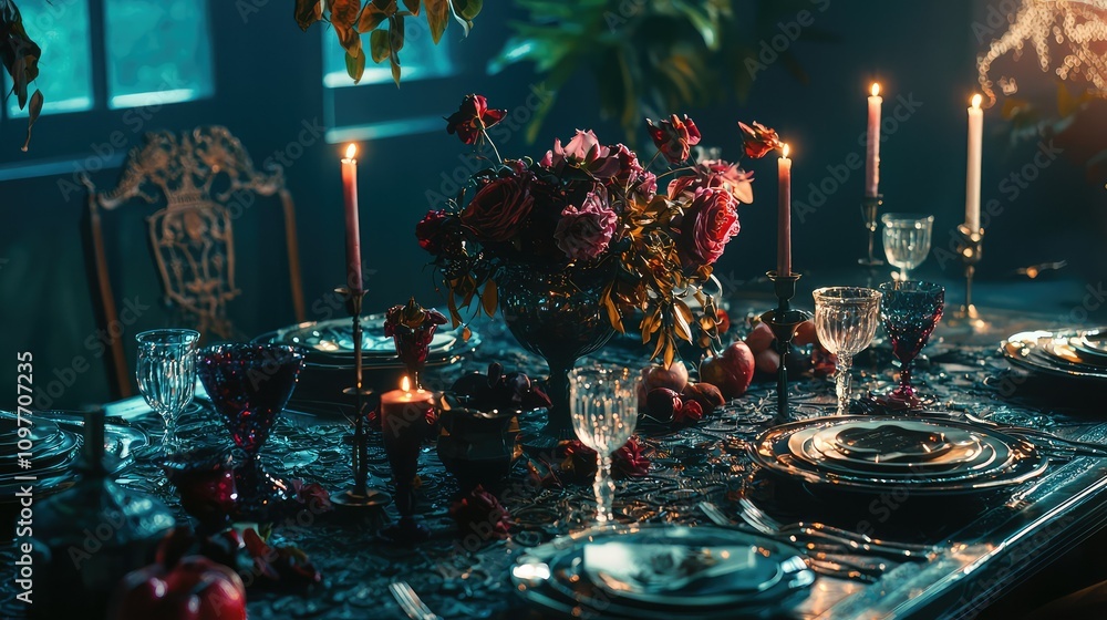 Atmospheric Dining Table Setting With Vibrant Flowers, Candles, and Elegant Tableware Captured in Soft Natural Light for a Cozy Evening Experience Atmospheric Dining Table Setting With Vibrant Flowers, Candles, and Elegant Tableware Captured in Soft Natural Light for a Cozy Evening Experience