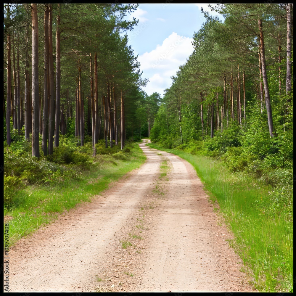 Fototapeta premium Dirt road winding through a lush green pine forest on a sunny day.