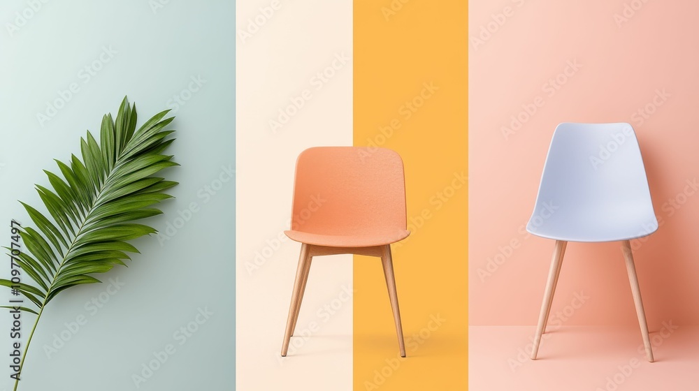Fototapeta premium Three chairs are shown in a room with a green leaf in the background