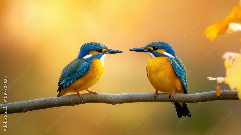 Fototapeta premium Two birds are perched on a branch, one blue and one yellow