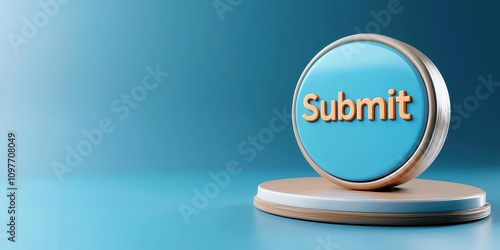 Round blue button with the word submit on a wooden base background photo