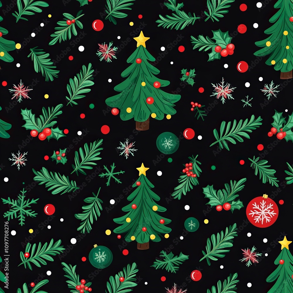 Obraz premium Festive Christmas seamless pattern with trees, snowflakes, berries, and ornaments on a black background.