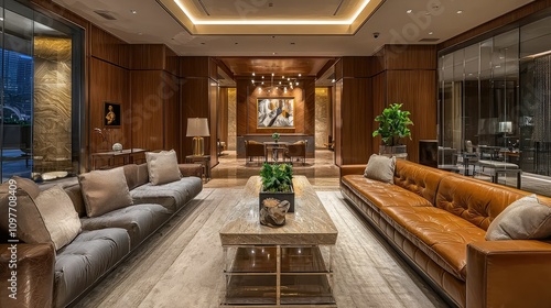 Wallpaper Mural Elegant and Modern Hotel Lobby with Stylish Furniture, Warm Lighting, and Artistic Décor Offering a Welcoming Ambiance for Guests and Visitors Torontodigital.ca