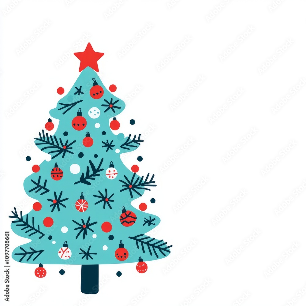 Festive teal Christmas tree with red and white ornaments, star topper, isolated on white. Festive teal Christmas tree with red and white ornaments, star topper, isolated on white.