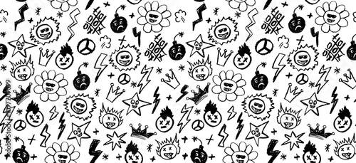 Grunge rock seamless pattern with doodle elements. Wax pencil drawing face with tongue out, cartoon thunderbolt like children pen drawing and other rock n roll style black color vector elements