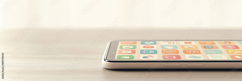 A sleek smartphone displays a vibrant array of app icons on its screen, presenting a modern lifestyle tool on a wooden surface bathed in natural light. A sleek smartphone displays a vibrant array of app icons on its screen, presenting a modern lifestyle tool on a wooden surface bathed in natural light.
