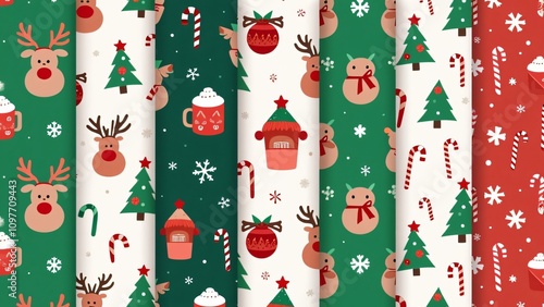 Cute Christmas Seamless Patterns, Reindeer, Trees, Candy Canes