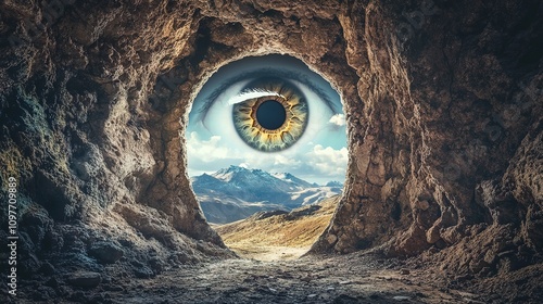 Surreal tunnel vision with eye and mountain landscape