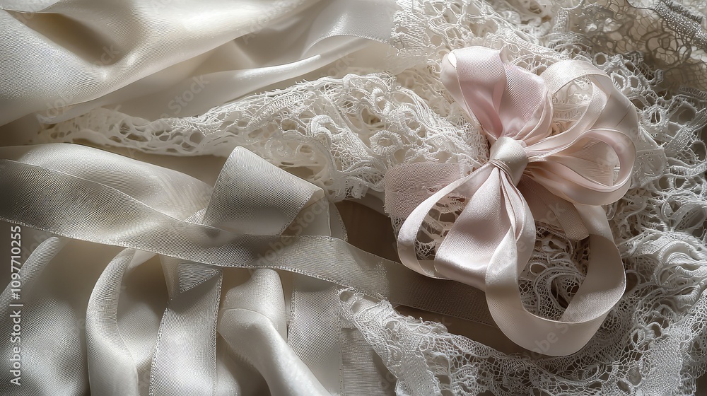 Delicate Textures of Ivory Satin Ribbon, Soft Lace, and Pink Bow on Elegant Background Creating a Romantic and Serene Atmosphere for Wedding Decor or Fashion Design Delicate Textures of Ivory Satin Ribbon, Soft Lace, and Pink Bow on Elegant Background Creating a Romantic and Serene Atmosphere for Wedding Decor or Fashion Design