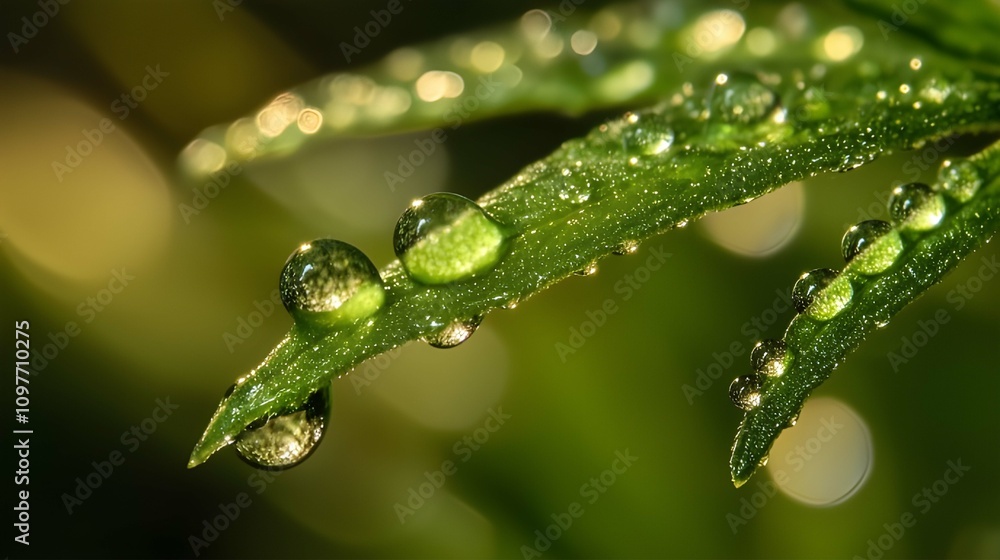 Crystal Clear Water Droplets on Leaf in Macro View Crystal Clear Water Droplets on Leaf in Macro View