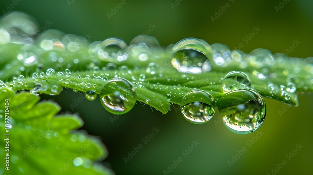 Crystal Clear Water Droplets on Leaf in Macro View Crystal Clear Water Droplets on Leaf in Macro View