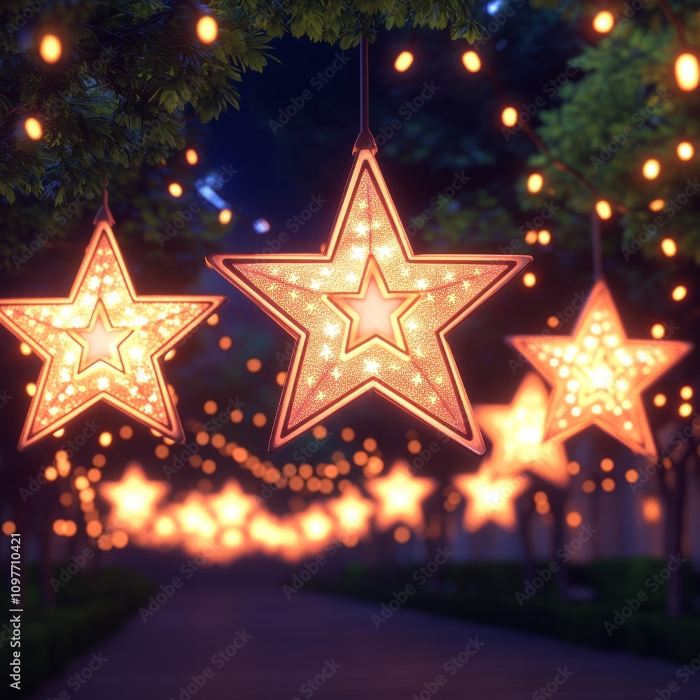 Illuminated star lanterns hang from trees lining a pathway at night, creating a magical ambiance. Illuminated star lanterns hang from trees lining a pathway at night, creating a magical ambiance.