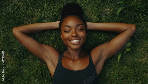 Aerial View of Beautiful Black Woman Smiling and Laying on Grass with Hands Behind Head, Tank Top