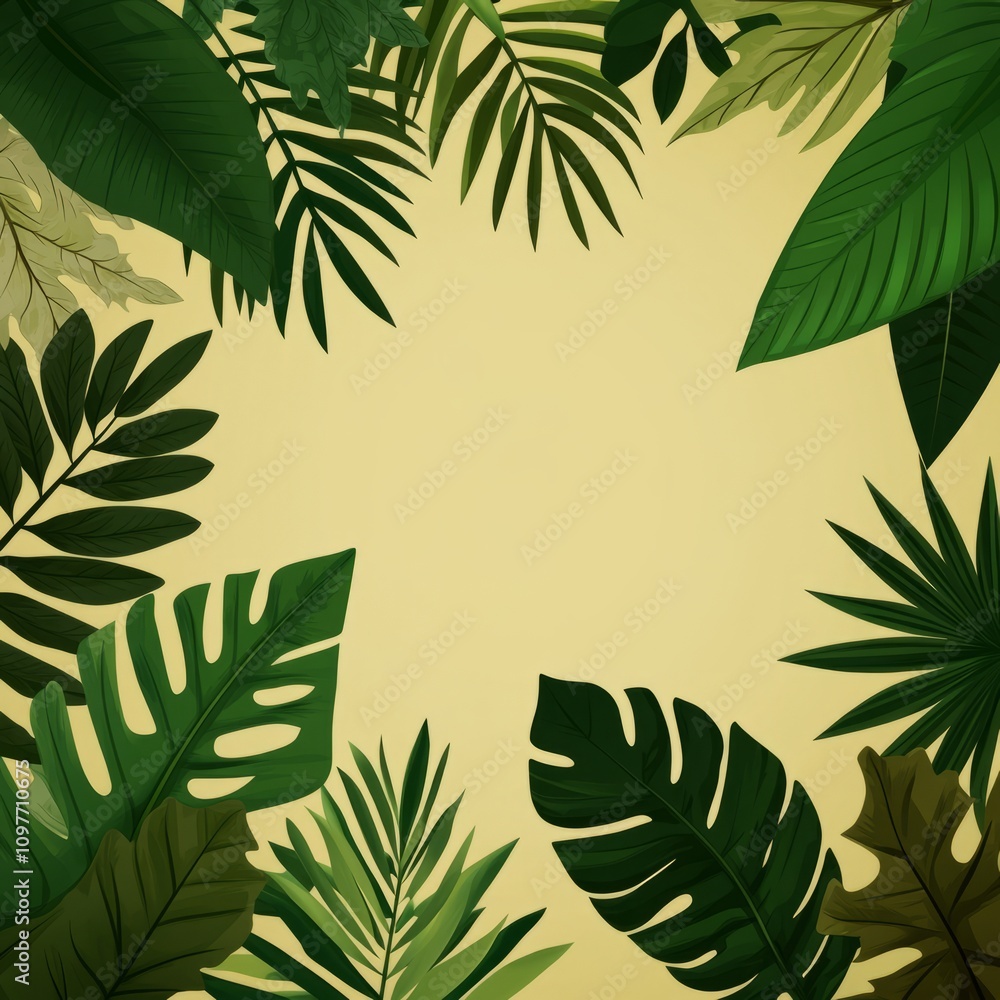 Fototapeta premium Lush green tropical leaves frame a beige background.