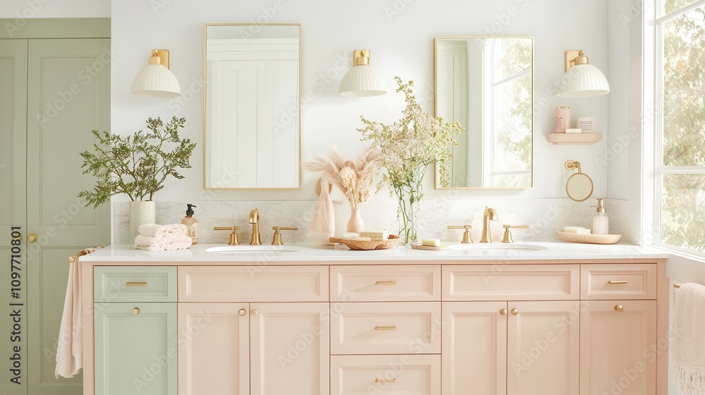 Fototapeta premium bathroom cabinets. A serene and stylish bathroom featuring soft pastel colors, elegant fixtures, and natural accents, creating a fresh, inviting atmosphere.