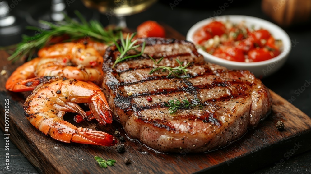 Delicious grilled steak with shrimp and fresh tomatoes. Delicious grilled steak with shrimp and fresh tomatoes.