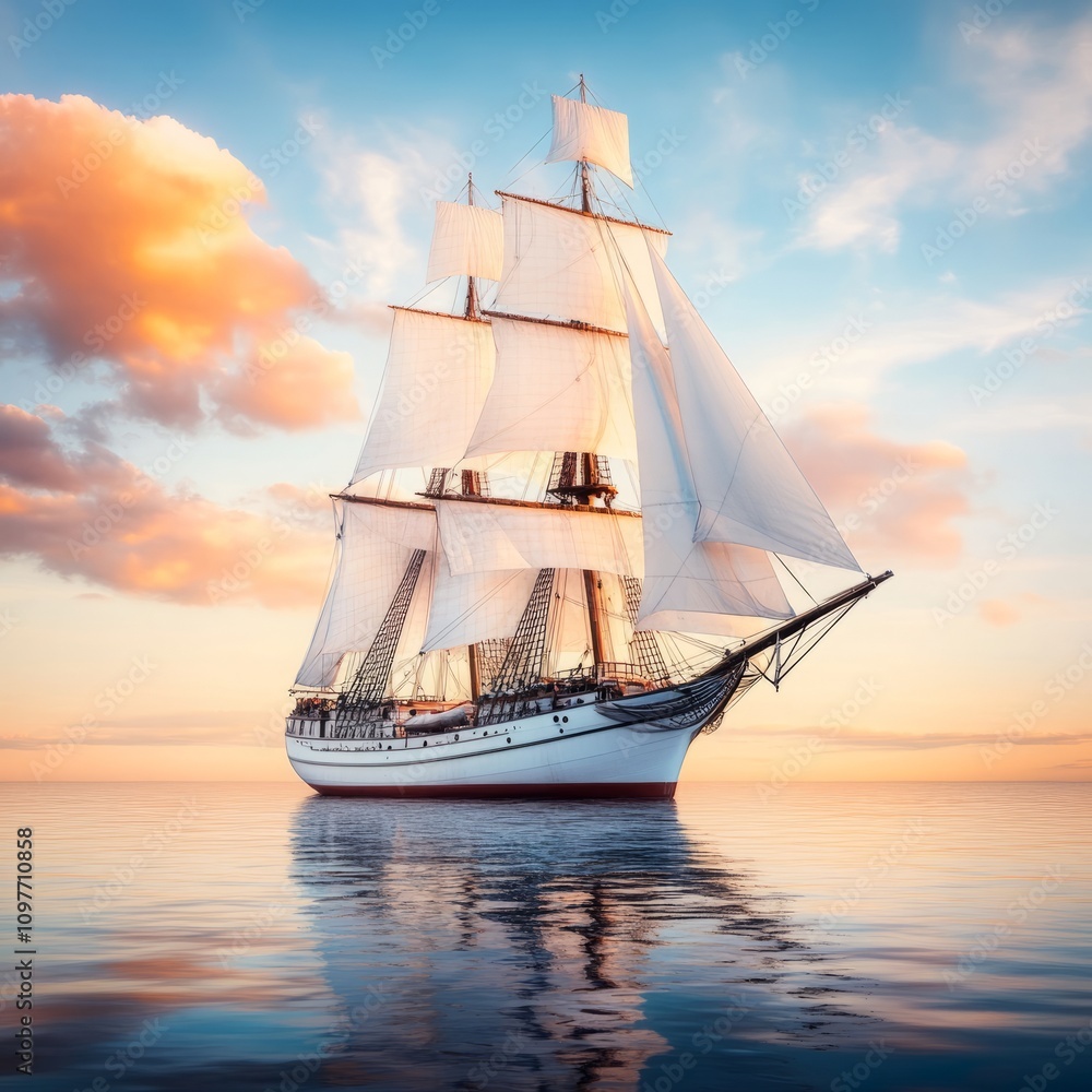 Majestic sailing ship at sunset, calm sea, white sails, golden sky. Majestic sailing ship at sunset, calm sea, white sails, golden sky.