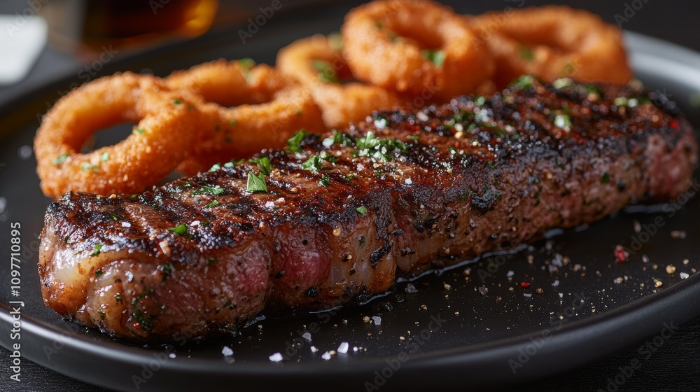 Juicy steak served with crispy onion rings on a black plate. Juicy steak served with crispy onion rings on a black plate.