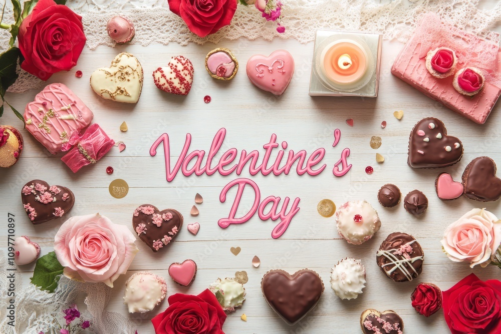Bright Valentine's Day flat lay in elegant pink cursive, surrounded by roses, heart-shaped chocolates, lace, candy hearts, and a lit candle on a light wooden background. Perfect Bright Valentine's Day flat lay in elegant pink cursive, surrounded by roses, heart-shaped chocolates, lace, candy hearts, and a lit candle on a light wooden background. Perfect