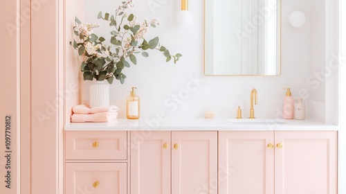 bathroom cabinets. A stylish bathroom featuring soft pink cabinetry, elegant gold accents, a large mirror, and a vase of greenery for a fresh, modern look. photo