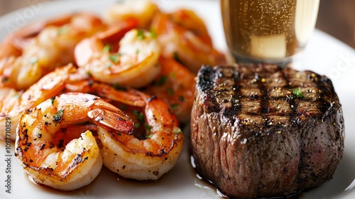 Delicious grilled steak with shrimp and a refreshing drink.
