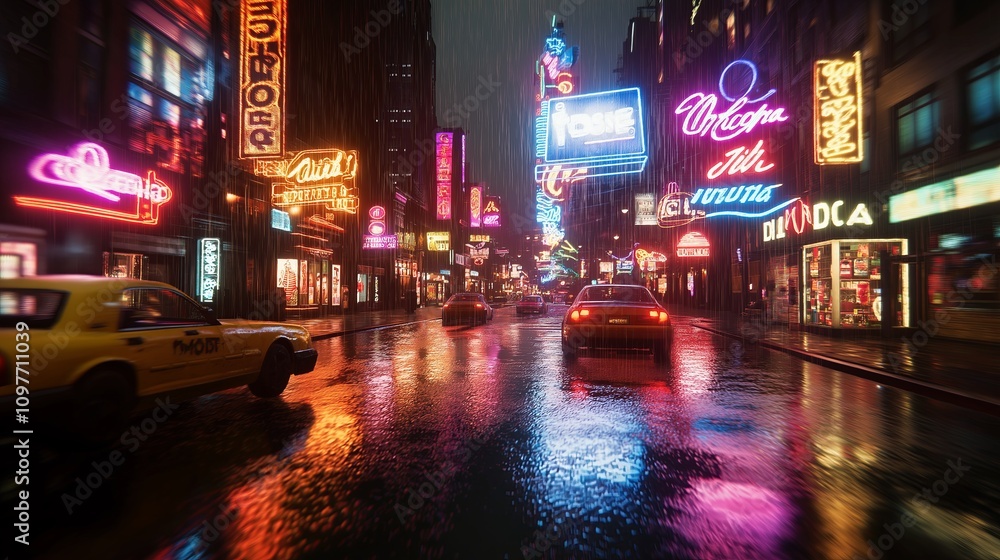Soft-focus image of neon-lit signs in a rainy city street Soft-focus image of neon-lit signs in a rainy city street