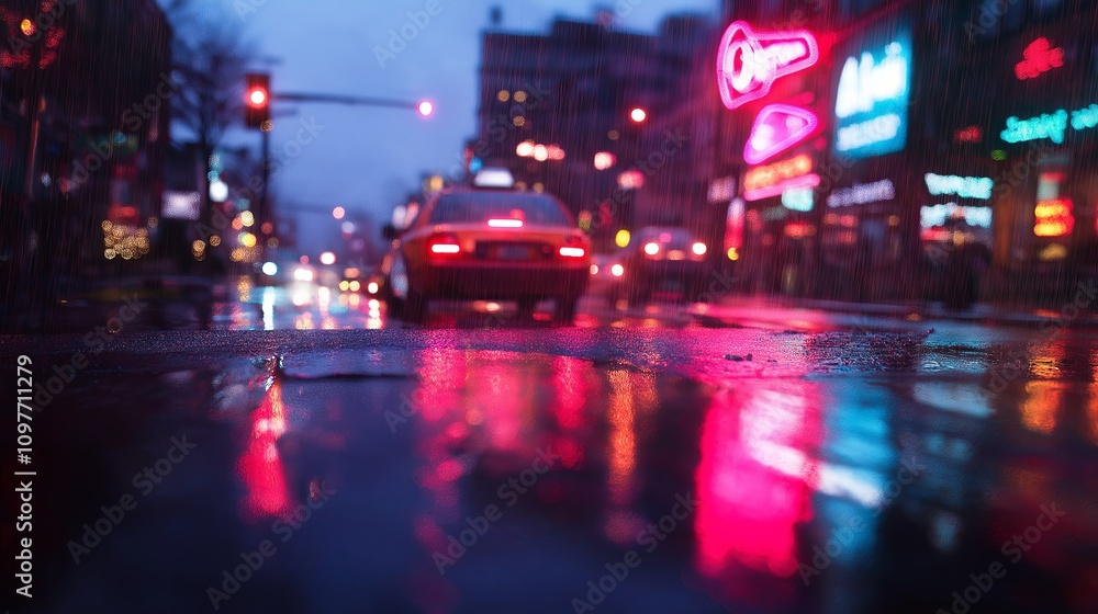 Soft-focus image of neon-lit signs in a rainy city street Soft-focus image of neon-lit signs in a rainy city street