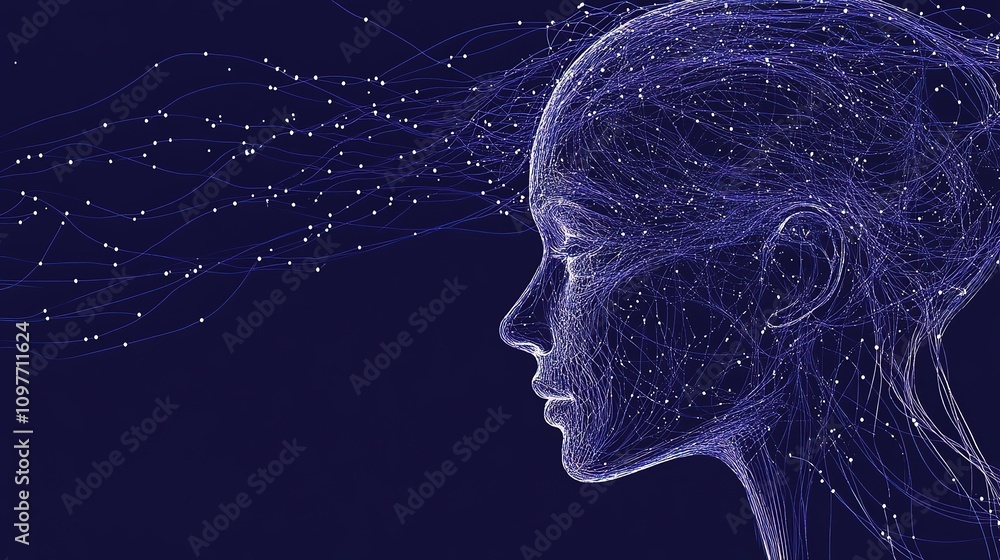 Abstract profile of a woman's head with flowing lines and dots, representing thoughts or data. Abstract profile of a woman's head with flowing lines and dots, representing thoughts or data.