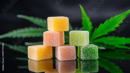 Cannabis, gummies. Colorful gummies are stacked against a dark background, accompanied by green cannabis leaves, highlighting a blend of sweetness and herbal elements.
