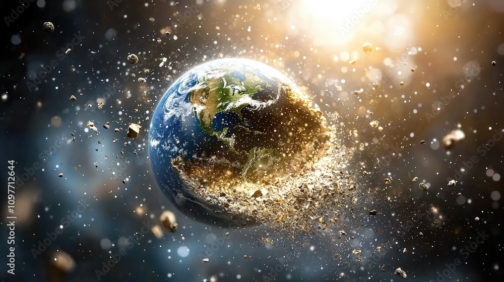 Obraz premium Futuristic Planet Earth Destruction Space Debris Asteroid Impact Global Catastrophe