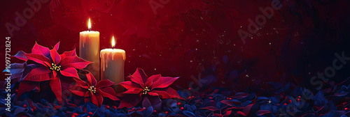 Golden candles and poinsettia flowers, sitting atop a ruby-red background. photo