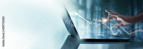 Businessman analysis and checking graph growth of stock market and financial chart data on laptop. Investment and stock trading.