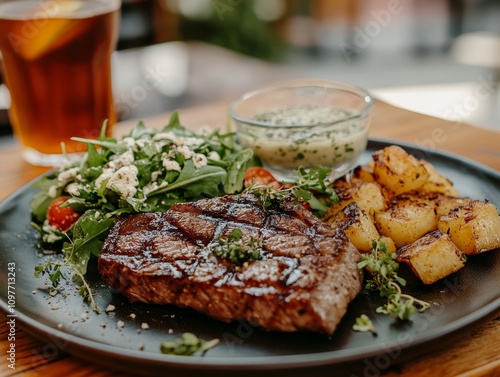 Delicious grilled steak served with salad and potatoes. photo