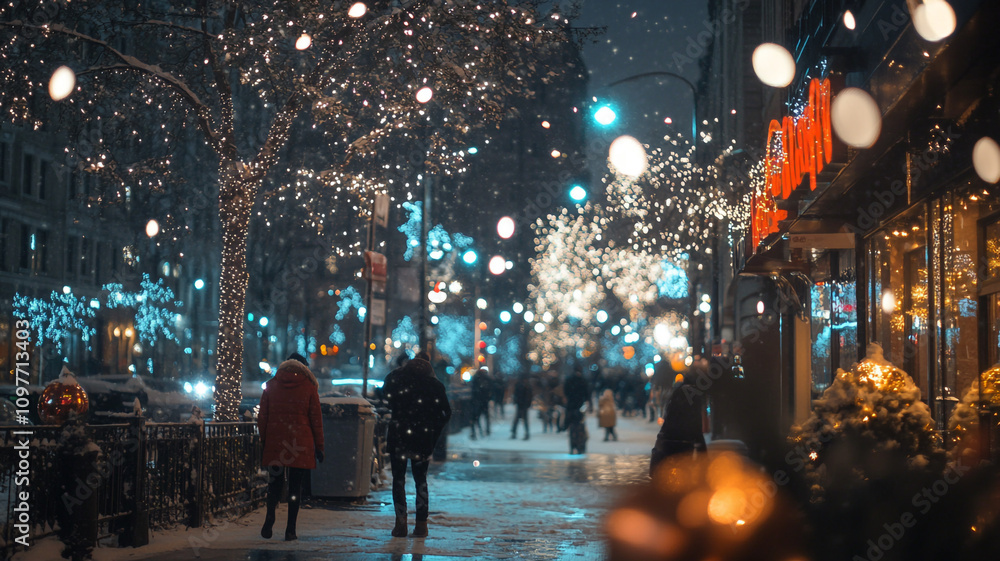 Winter evening stroll through a snow-covered street with festive lights in the city Winter evening stroll through a snow-covered street with festive lights in the city