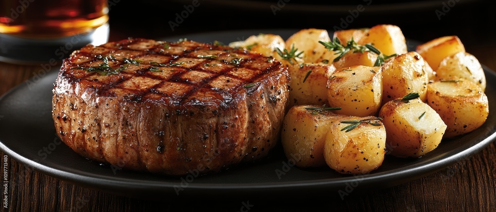 Grilled steak served with roasted potatoes on a black plate. Grilled steak served with roasted potatoes on a black plate.