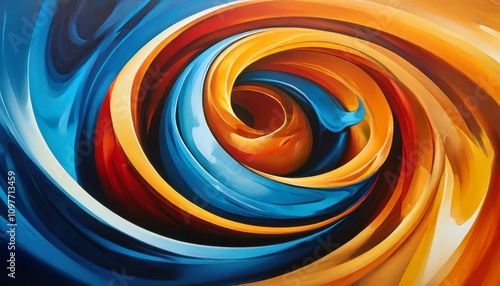 A vibrant abstract image featuring swirling shapes in rich blue, orange, and yellow tones. The fluid motion of the forms creates a sense of energy and movement, perfect for creative or futuristic