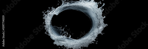 This artistic photograph captures water as it forms an almost perfect circular loop on a black background, symbolizing continuity, balance, and minimalist elegance.