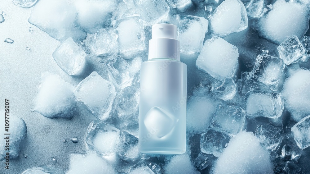 White skin care bottle with ice cubes on white background,Ice sealed skincare product,lotion,toner, skin care,Natural cosmetic products for protecting and nourishing skin of face,copy space. White skin care bottle with ice cubes on white background,Ice sealed skincare product,lotion,toner, skin care,Natural cosmetic products for protecting and nourishing skin of face,copy space.