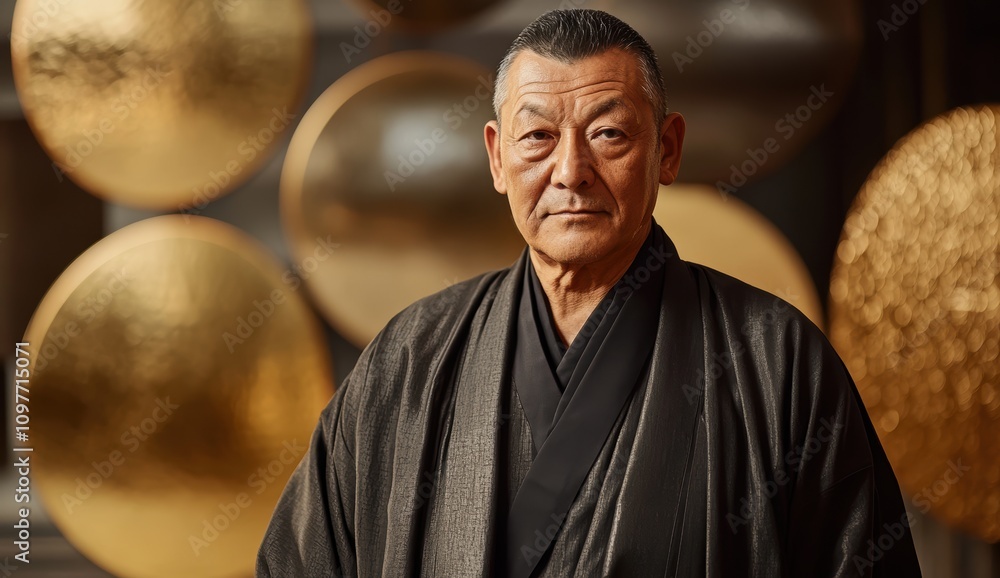 日本の伝統的な衣装を着た男性が黄金の円盤の前で立っている 日本の伝統的な衣装を着た男性が黄金の円盤の前で立っている