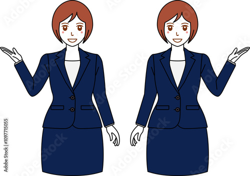 こちらと指し示すスーツの女性